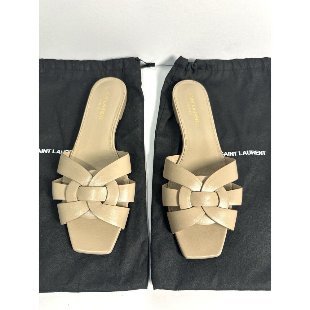 Saint Laurent Tribute Dark Beige Leather Flat Slide Mule Sandals EU 39 Dust Bags